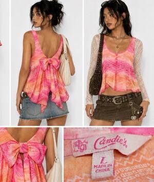 Y2K Boho Indie Sleaze Candie's Tribal Print Tank Top Size L Pink Orange Bows